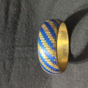 Vintage Brass Tone and Blue Woven Design Bangle Statement Bracelet